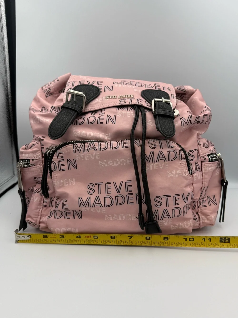 Steve Madden Pink Nylon Mini Backpack All Over Logo Spellout Drawstring Flap